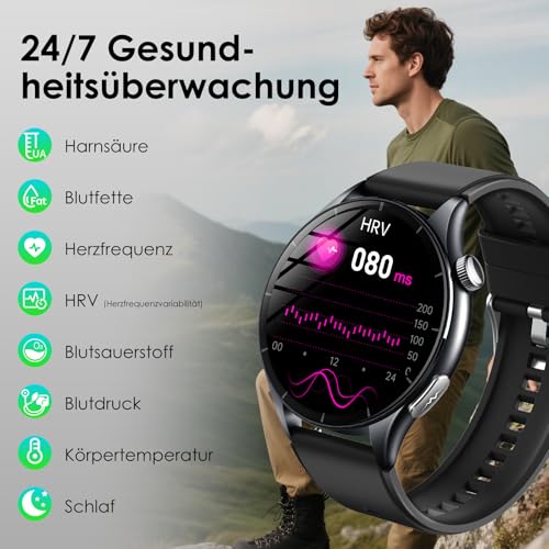 2026 Men's Smartwatch with ECG/Blood Pressure/BMI/HRV/Uric Acid/Emotion/Mood/LED Light, 1.56 Inch AMOLED Round Health Watch with SpO2/Body Temperature/Heart Rate Monitor/Sleep, SOS Emergency Call