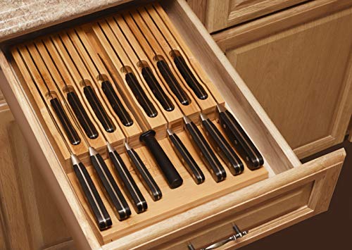 Eltow In-Drawer 16 Knife Block Bamboo Organizer | Drawer Knife Set Storage with Safety Slots for 16 Knives and Knife Sharpener | Cutlery Set Holder Elegantly Crafted from MOSO Bamboo