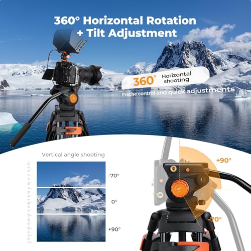 K&F CONCEPT 80"/202cm Video Tripod with Fluid Head, Aluminium Alloy Heavy Duty Camera Tripod with QR Plate, Compatible with Canon/Nikon/Sony Camera, Camcorder, Load Capacity 8kg