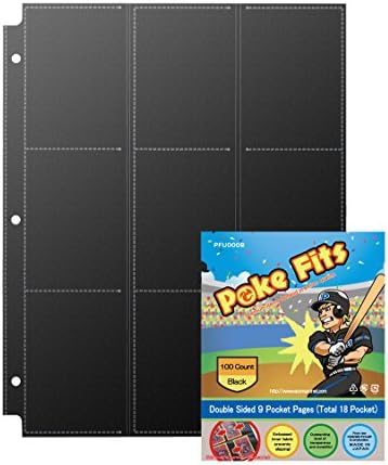 Poke Fits Sports Collectible Trading Cards Protectors Black (100 Count) Double Sided 9 Pocket Pages (Total 18 Pocket)