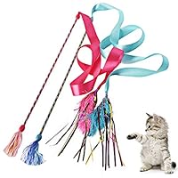 Cat Toys Interactive Cat Wand with Ribbon and Tassel Cat Teaser for Kitten Or Cat Having Fun Exerciser Playing, 2 Ways to Use (Pink)