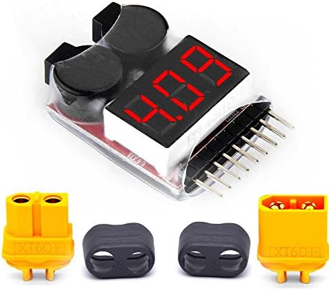 Zerospace 1-8S LED Low Voltage Buzzer LiPo Battery Voltage Cherker with 1 Pair XT60 Plugs and Proctive Shell