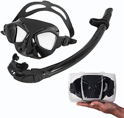 Athletic Epoch Professional Free Diving Spearfishing Low Volume Mask Snorkel Set Foldable Roll up Snorkel with FREE Storage Keeper,Earplugs and Nose Clip, Black