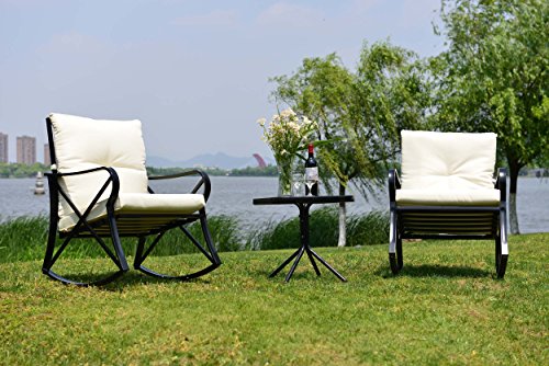 Feelway Outdoor 3 Pcs Rocking Chair Patio Wicker Furniture Bistro Set Two Chairs One Table Cushi ...