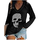 Fronage Womens Rhinestone Skull Tank Tops Long Short Sleeve Summer V Neck Sleeveless Shirts