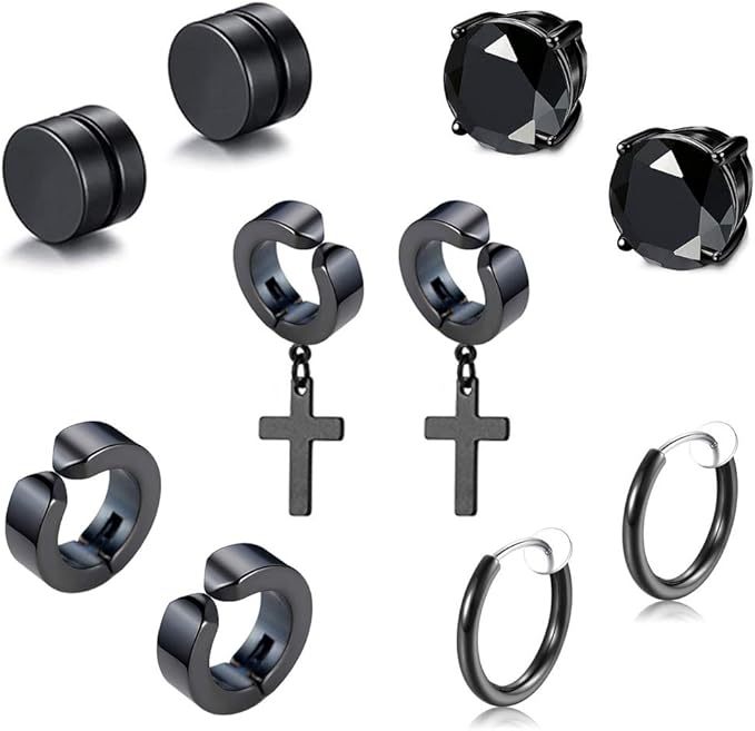 Fu You 5 Pairs Set Stainless Steel Black Earrings for Men