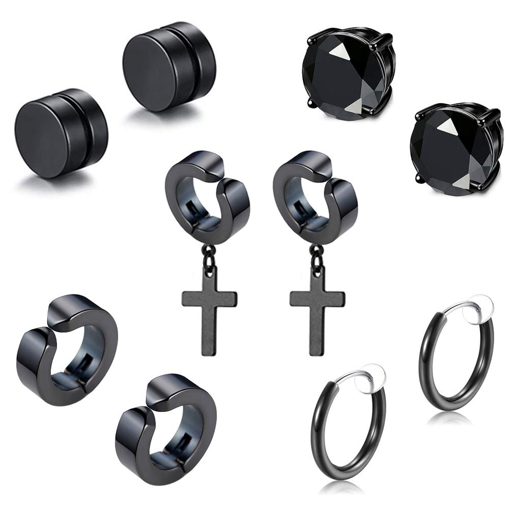 Fu You 5 Pairs Black Stainless Steel Clip On Earrings for Men Women Fake Magnetic Earrings for Men Women Diamond Earrings No Hole Hoop Earrings Black