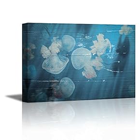 Canvas Prints Wall Art - Jellyfish Under The Ocean on Vintage Wood Background - 12" x 18"
