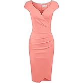 MUXXN Women's Short Sleeve Wrap V Neck Midi Bodycon Vintage Formal Work Dress