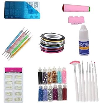 Trendy Club 100 Pieces of Nail, 5 Dotting Tools and 15 Nail Art Brushes, Nail Art 10 Striping Tapes, 12 Different Glitters, Stamping Design Plate, Stamp and Scrapper and 3gm Nail Glue