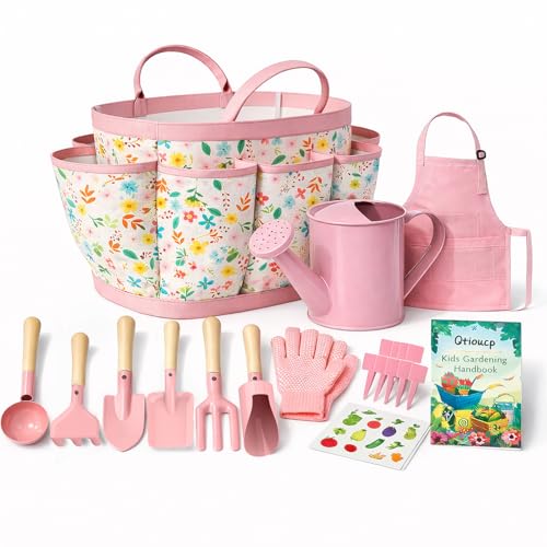 Qtioucp Kids Gardening Set 14Pcs Garden Tools with Tote Bag,Watering Can, Shovel,