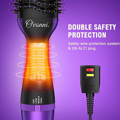 Ovonni Hot Air Brush Styler, Professional 1000W Negative Ion Ceramic Tourmaline Brush Hair Dryer, 3 Speed/Heat Settings One Step 2 in 1 Hair Dryer & Volumizer for Long Hair (Purple) - Thumbnail 4