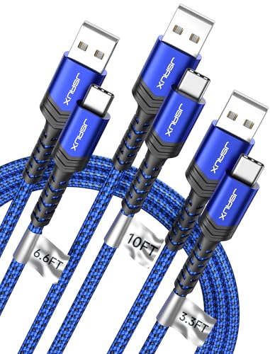 JSAUX USB C Cable Fast Charging 3-Pack(10ft+6.6ft+3.3ft), USB A to Type C Charger Cord for iPhone 17/17e/17 Pro/17 Pro Max, iPhone 16/16 Pro/16 Pro Max, Samsung Galaxy S23 S22 S20, USB C Charger(Blue)
