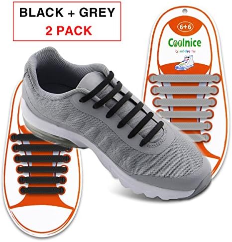 No Tie Shoelaces for Kids - Best in Sports Fan โ Waterproof Silicon Flat Elastic Athletic Running Shoe Laces with Multicolor for Sneaker Boot Board Shoes and Casual (Black + Grey)