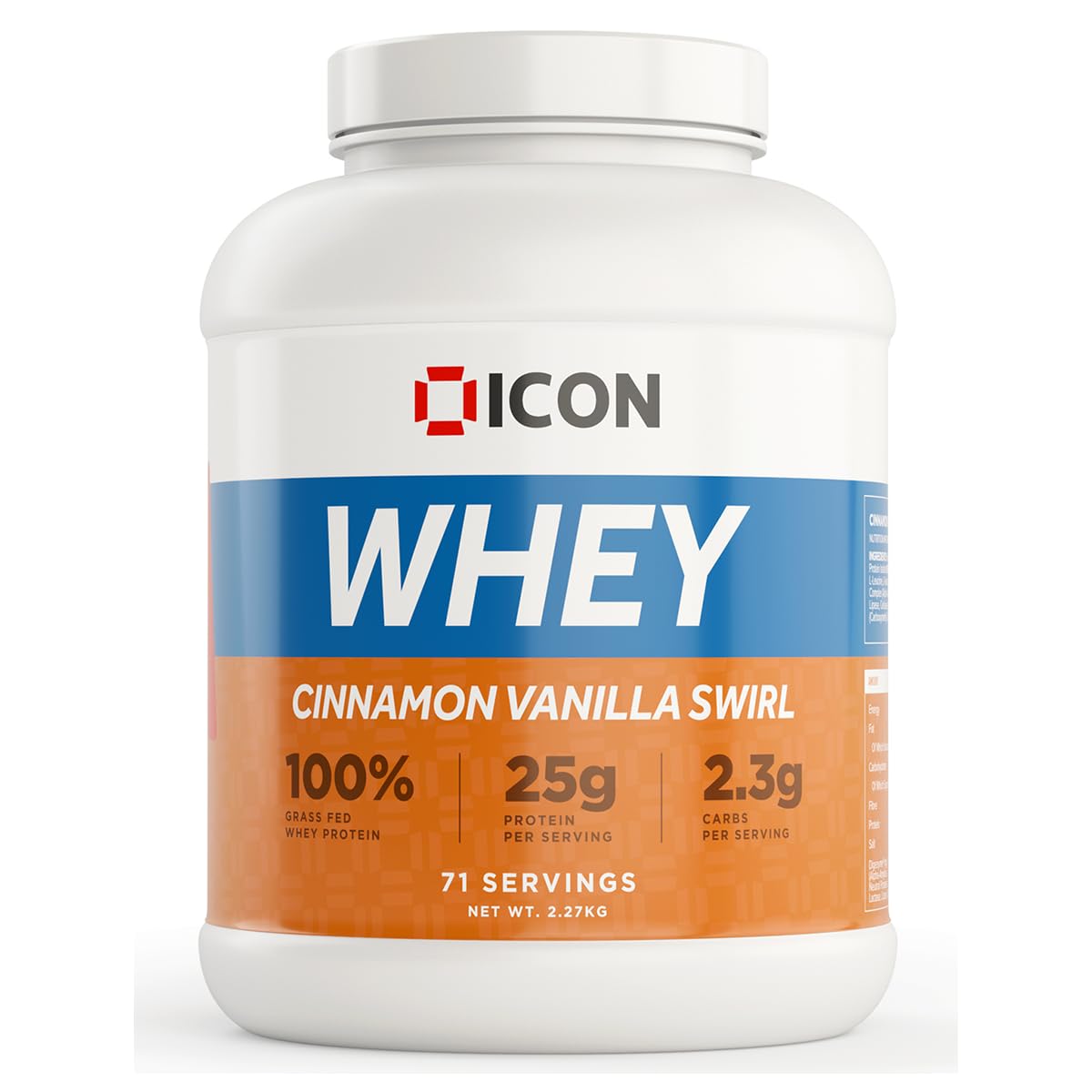 ICON Nutrition Whey Protein Powder — Cinnamon Vanilla Swirl — High Protein, Grass Fed, Low Carbs & Fat, Complete Amino Acid Profile, Cold Shakes or Mix with Foods — 2.27kg, 71 Servings
