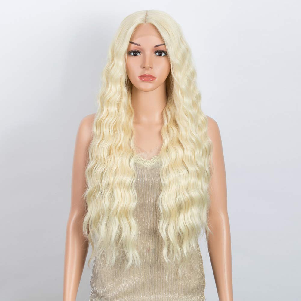 DÉBUT Lace Front Wigs 30 inches Water Wave Super Long Wigs 5% Brazilian Human Hair and 95% Heat Resistant Synthetic Wig 240g 6 inches Lace Parting (LACE 30", Blonde)