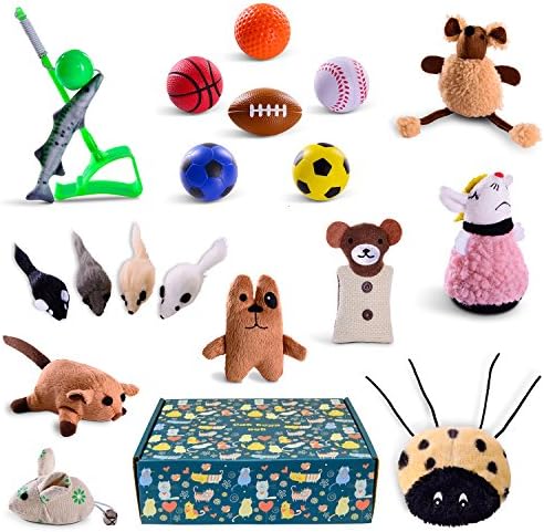 Cat toys set 18pcs in cat toy box for gift - pet toys interactive - kitten toys - cat accessories - cat supplies - kitty toys - cat plush toys pack - cat wand catnip mice fishing - cat toy organizer