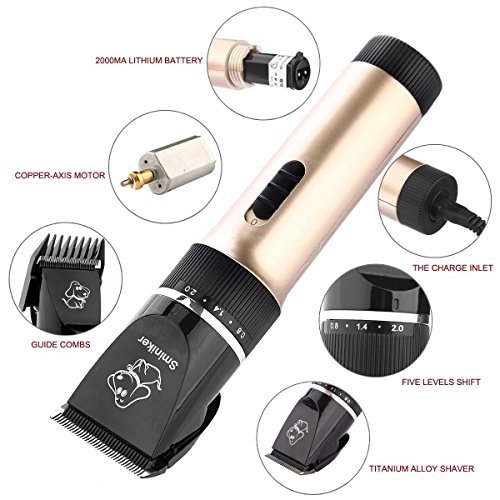 Sminiker Professional Low Noise Rechargeable Cordless Cat Dog Horse Clippers Professional Pet Clippers Grooming Kit,animal clippers Pet Grooming Kit(Gold)