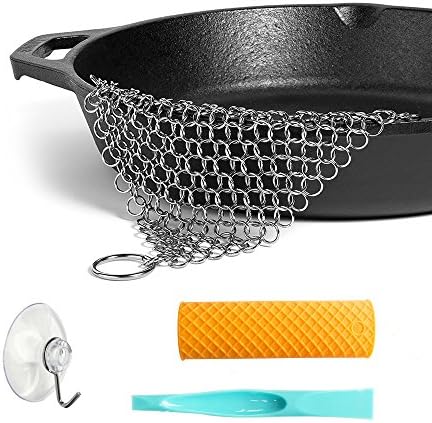 Blackseal Stainless Steel Cast Iron Cleaner Stainless Steel Chainmail Scrubber with Silicone Hot Handle Holder XL 7x7 inch Decontamination Scraper Opener