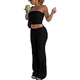 LICOBOD Sexy lounge wear 2 Piece Outfits for Women Crop tube Top High Waist Foldover Flare Pants Sets Beach Vacation Trave