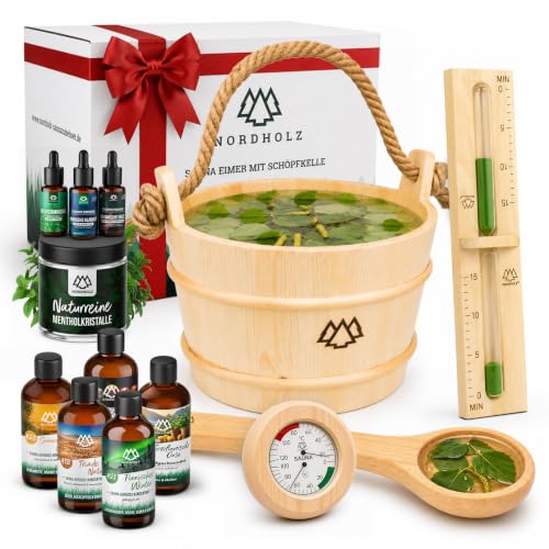 NORDHOLZ® Sauna Zubehör Set XXL [inkl. 5x100ml Sauna Aufgussmittel + 100g Mentholkristalle] Sauna Eimer mit Sauna Sanduhr & Sauna Hygrometer - Sauna Z