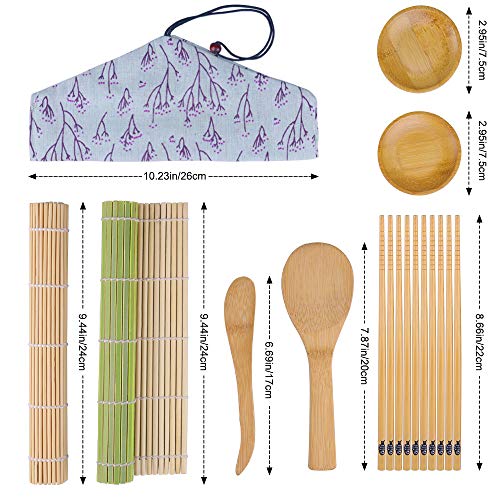 Sushi Making Kit Bamboo All in One - 2 Sushi Roller Mats, 1 Rice Paddle, 1 Rice Spreader, 5 Pairs Chopsticks, 2 Plates and 1 Canvas Chopstick Bag - DIY Sushi/California Rolls Maker Mats Utensils