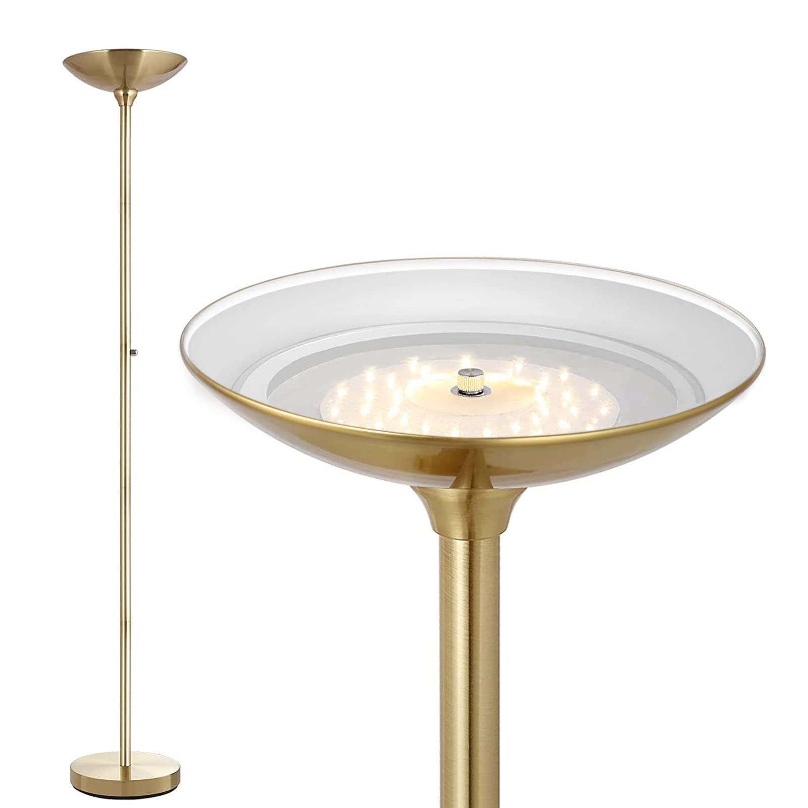 Photo 1 of BoostArea Torchiere Floor Lamp Gold, 30W Super Bright LED Standing Lamp, 3000K Stepless Dimmable Pole Lamp with Rotary Switch, 70 Inch Tall Metal Modern Floor Lamps for Living Room/Bedroom/Office/Den