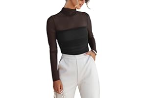 REORIA Women’s Trendy Sexy Mock Turtle Neck Long Sleeve Sheer Mesh Ruched Going Out Bodysuits Tops