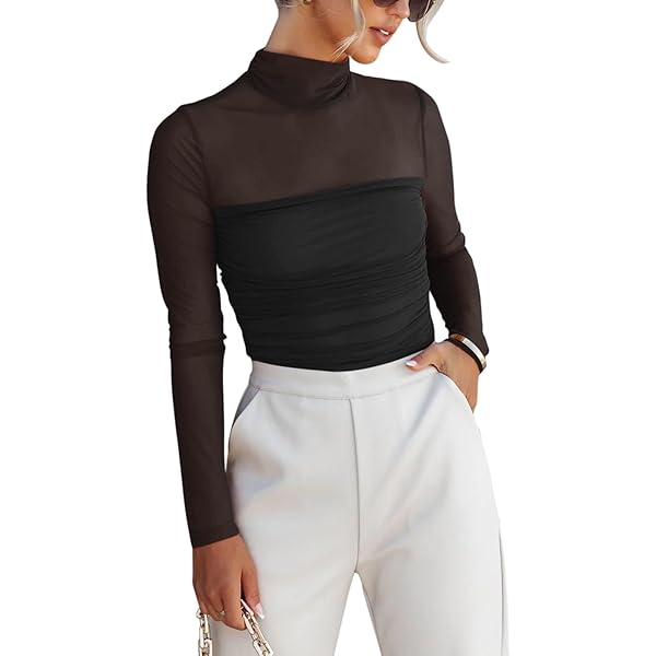 Zcavy Women's Mesh See-Through Long Sleeve Sheer Tops