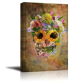 Canvas Print Wall Art - Skull with Flowers - Gallery Wrap Modern Home Art | Ready to Hang - 12x18 inches