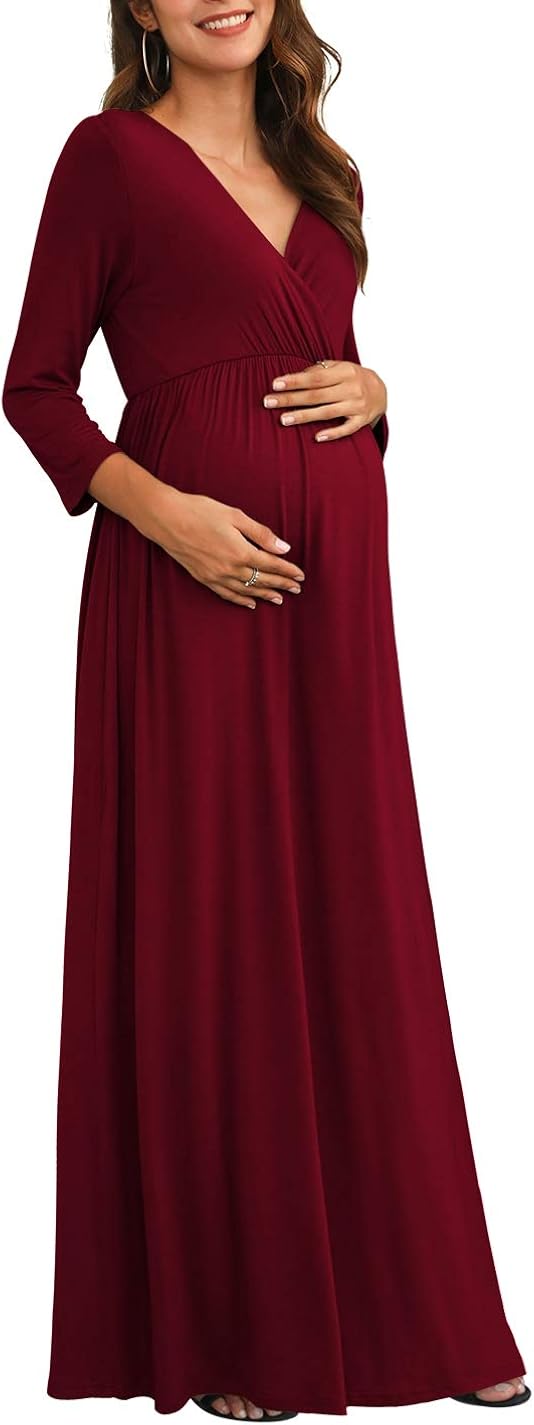 Xpenyo Women's Casual Maternity Maxi Dress V Wrap Baby Shower Pregnancy Dresses at  Women’s Clothing store