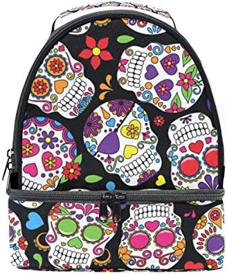 ALIREA Day Of The Dead Sugar Skull Lunch Bag Dual Deck Insulated Lunch Cooler Tote Bag Adjustable Strap Handle for Women Men Teens Boys Girls