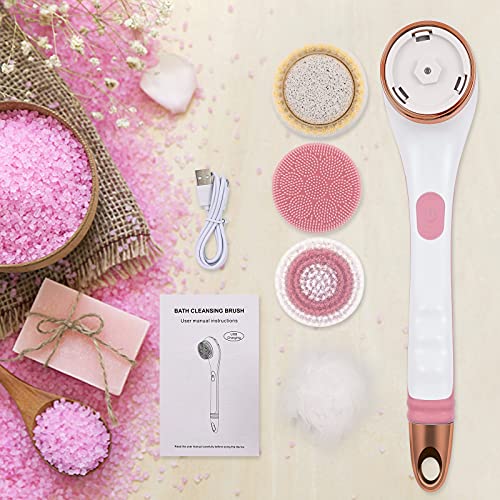 NAGRAN Rechargeable Body Brush Rotating Long Handle Body Scrubber for Back Scrubber and Body Exfoliator Deep Cleansing Waterproof and non-slip with 4 Brush Heads (Pink)