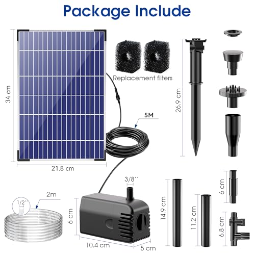 Biling 12W Solar Pond Pump, 160L/H, 1.5m Lift Solar Water Fountain Pump | Safe Anti-Dry Protection & Dual Filtration,DIY 4 Nozzles 5m Cable for Bird Bath,Small Pond&Water Features