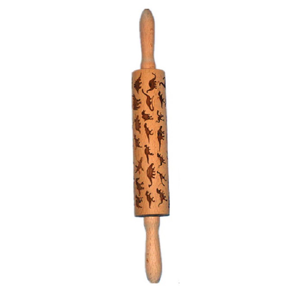 Premium Quality Laser Engraved Wooden Embossing Rolling Pin with Pattern for Embossed Cookies (Dinosaur)