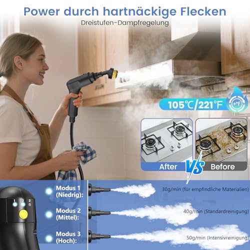 Granarbol 2500 W Professional High Pressure Steam Cleaner Handheld Device for Everything, 15 Second Heating 1.4 L Hand Steam Cleaner, with 18 Pieces Cleaning Set and Extension Rod, for Floor