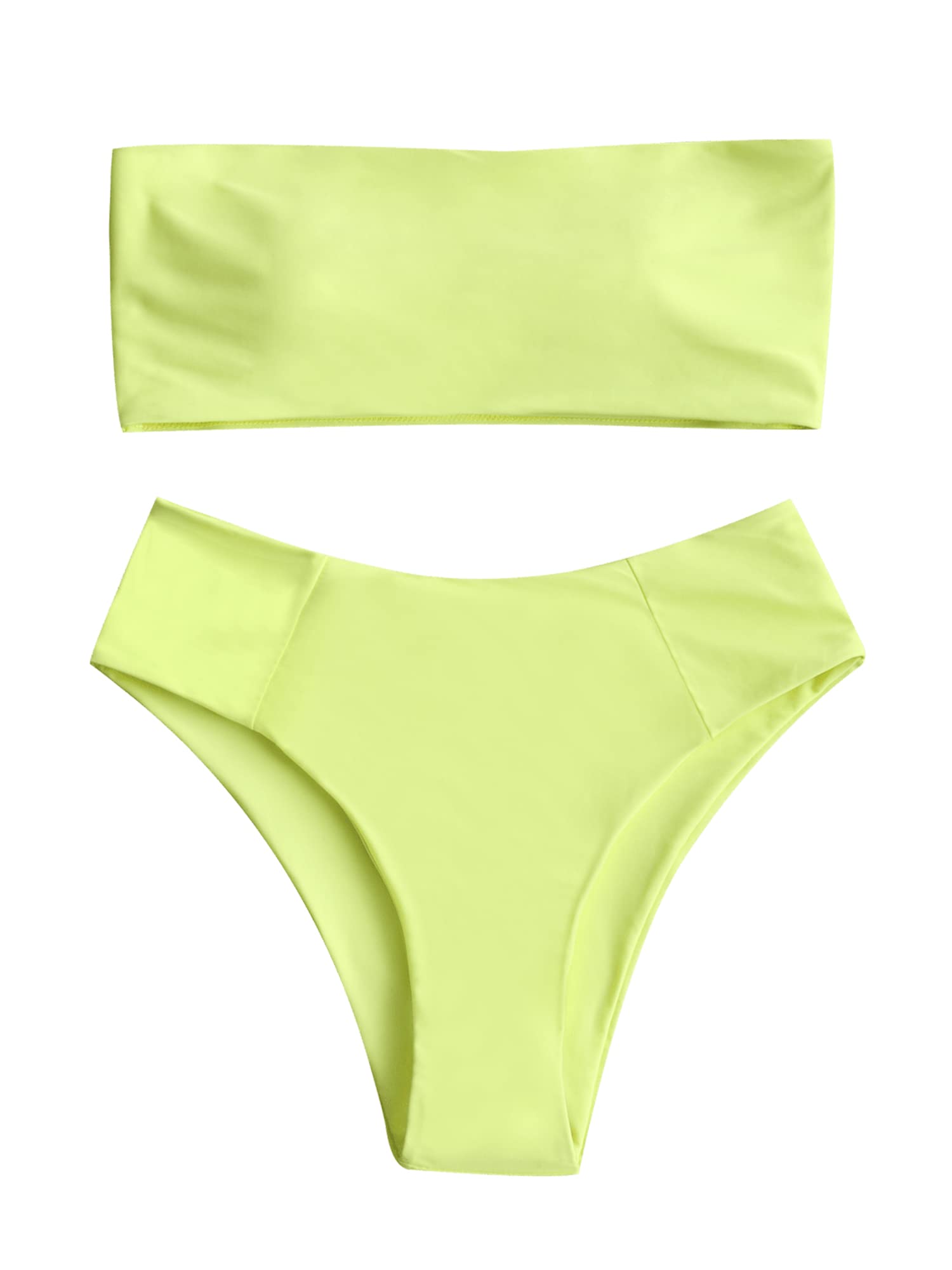 Photo 1 of ZAFUL Women's High Cut Bandeau Bikini Set Strapless Solid Color 2 Pieces Bathing Suit Swimsuit (0-Fluorescent Yellow,L)