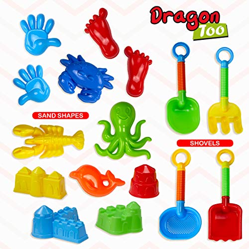 Dragon Too Kids Beach Toy Set -19 Piece Kit in Mesh Backpack Bag - Shovels, Scoops, Buckets, Waterfall, Shapes and More for Sand Castles, Water Play and Sand Boxes - Thumbnail 3