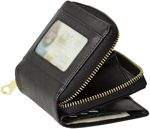 Women's Genuine Soft Leather Scan Proof Small Wallet Zip Coin Pocket in Black