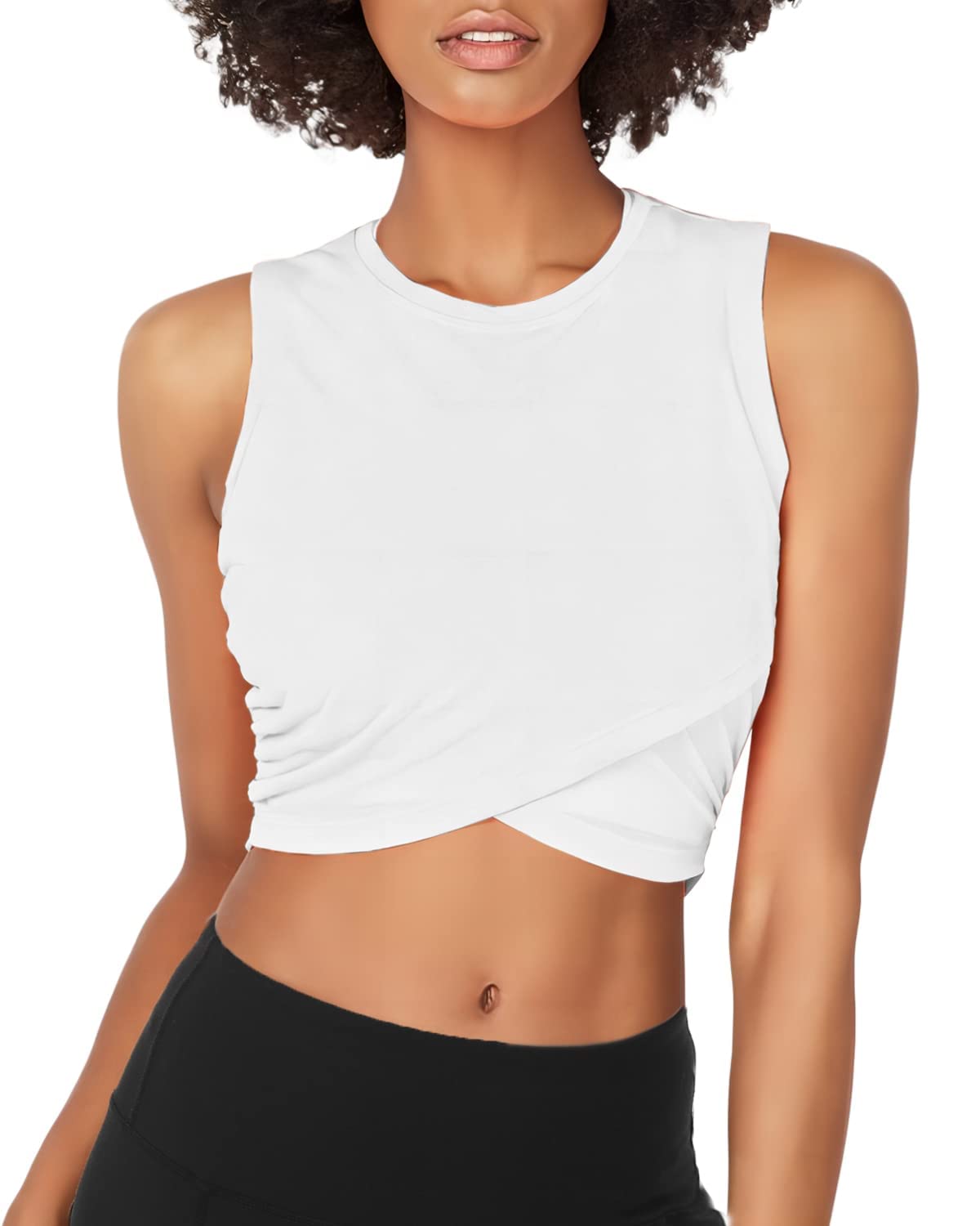 Photo 1 of Sanutch Yoga Crop Tops Dance Tops Fitted Workout Crop Tops Yoga Tank Tops Athletic Sports Shirts for Women White L