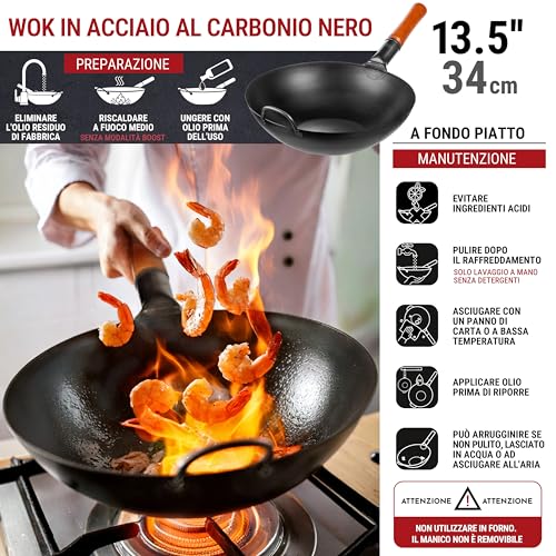YOSUKATA Professional Wok Frying Pan 34 cm – Traditional Carbon Steel Wok, Original Chinese Preconditioned Flat Bottom – Suitable for Gas, Induction, Electric and Open Fire (Black)