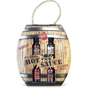Modern Gourmet Foods – 4 Scharfe Chili-Saucen Geschenkset – Hot Sauce Set in Schiefpulver-Fass Geschenkbox