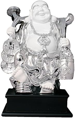 ART N HUB Earthenware Silver Plated with Wooden Base Feng Shui Laughing Buddha n