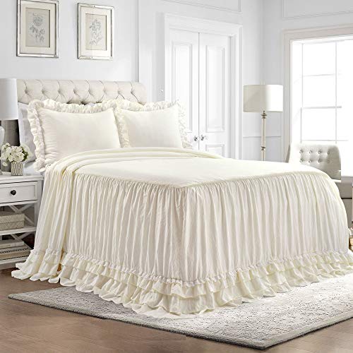 Lush Decor Ella Vintage Chic Ruffle Lace Bedspread Ivory Farmhouse Style Lightweight 3 Piece Set King, Polyester