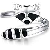 PRAYMOS Raccoon Ring for Women 925 Sterling Silver Adjustable Open Ring Size 4 5 6 7 8 9 10 11 12 Raccoon Jewelry Gifts