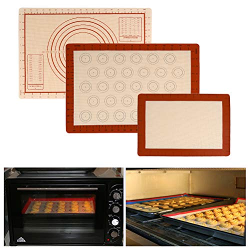 OFNMY Silicone Baking Mat with Measurements - Set of 3 100% Non Stick Baking Mats, Pastry Mat & Macaroon Silicone Mat - 2 Half Sheet Liners and 1 Quarter Sheet Silicone Mat for Baking Pan, Dough Rolli