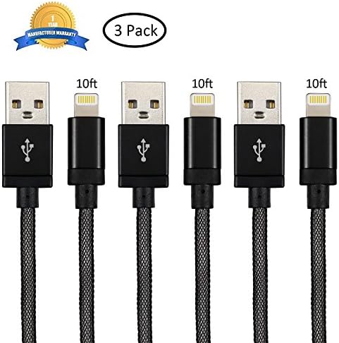NEXCABLE 3 Pack 10FT Extra Long Nylon Braided Lightning to USB Charging and Sync Cable Cord Charger Compatible with iPhone 7/7 plus, iPhone 6/6s/6 plus/6s plus, 5c/5s/5, SE, iPad /iPod(Black Net)