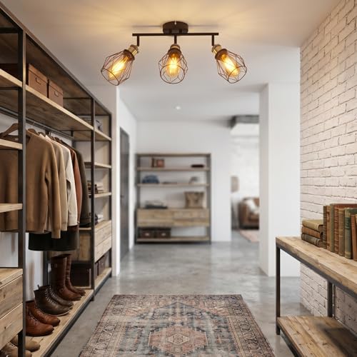 ANWIO Ceiling Lamp with 3 Bulbs, E27 Rotating Interior LED Spotlights, Black Ceiling Lights, Wall Spotlight for Indoor Lighting for Bedroom, Hallway Kitchen (No Bulb)