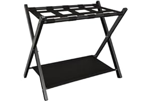 Queension Folding Luggage Rack Stand with Shelf for Guest Room, Foldable Metal Suitcase Storage Caddy Holder for Bedroom Hotel Essentials, Black, 1pack