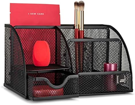 Makeup Organizer with 6-Compartment and Pull Out Drawer | Countertop Cosmetic Storage Box Caddy | Bathroom & Bedroom Display Case For Makeup, Lipstick, Brushes, Mirror | The Mesh Collection, Black